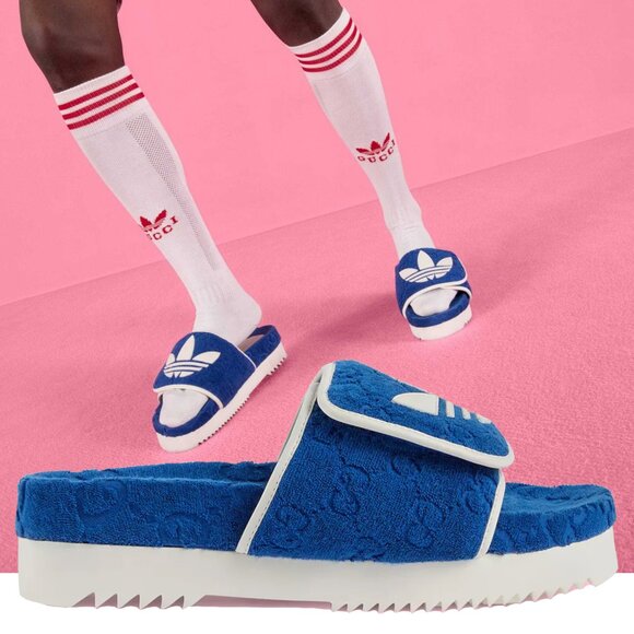 GUCCI MENS SHOES ADIDAS X GG BLUE COTTON SPONGE PLATFORM SANDAL SLIDE sz 9 9.5 - Picture 1 of 16